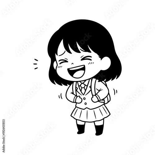 A black and white hand-drawn illustration of a happy Japanese schoolgirl in uniform laughing with a backpack. Ideal for manga-style educational content or character design.