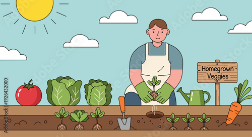 Man Gardening with Fresh Vegetables and Tools.