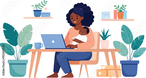 Mother working from home on laptop while holding a baby.