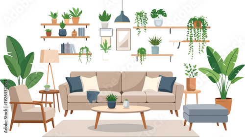 Cozy living room interior with many potted houseplants and modern furniture.