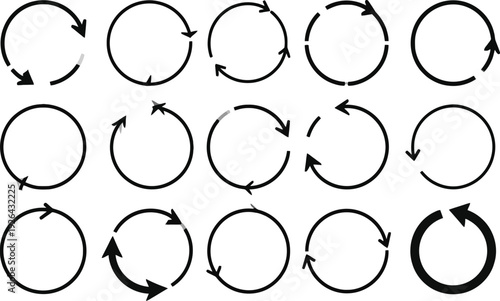 Set of 15 circular arrows icons showing different rotation directions.