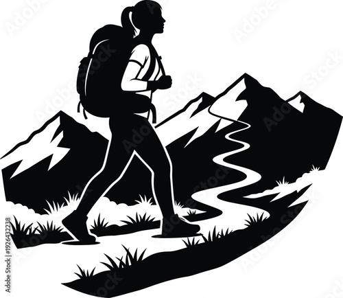 Hiker walking on a mountain trail isolated on transparent background