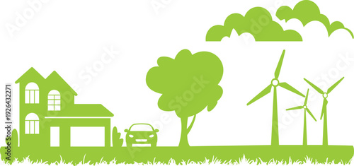 Green eco house with wind turbines vector silhouette, sustainable renewable energy, and environment friendly city landscape