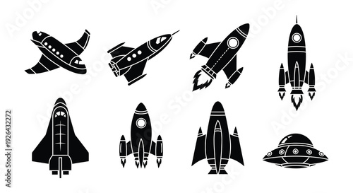 Collection of sleek black spaceship silhouettes in various futuristic designs