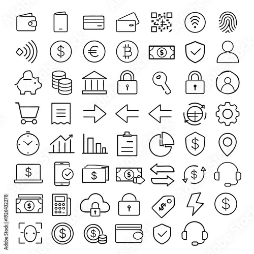 Collection of various finance and technology icons representing different concepts and actions in a modern digital landscape
