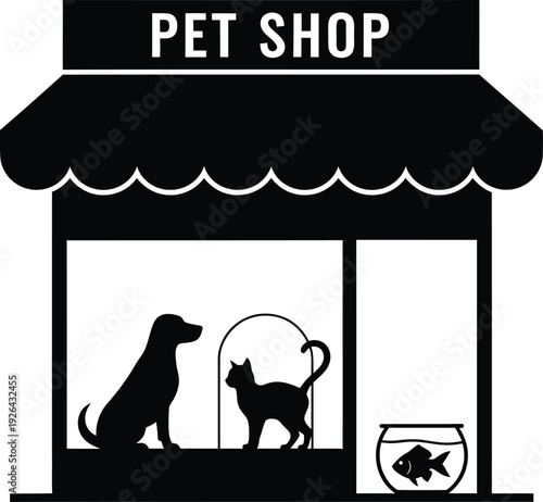 Black and white pet shop storefront with dog cat and fish isolated on transparent background