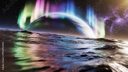 Floating metallic desert planet with glowing aurora reflective terrain animation background