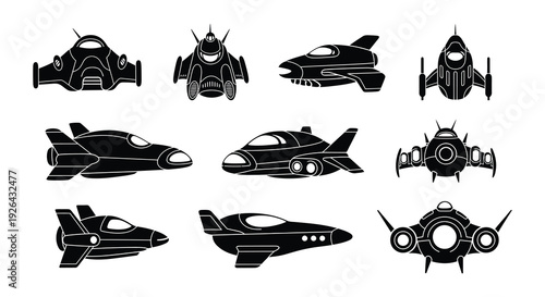 Collection of sleek black spaceship silhouettes in various futuristic designs