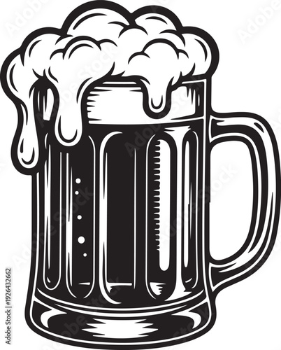 Black and white of a beer mug with foam drink