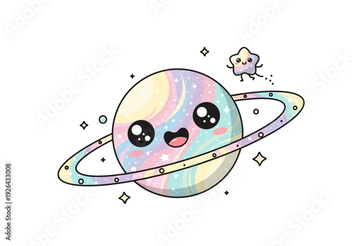 Adorable kawaii planet with pastel rainbow swirl pattern, big sparkling eyes, happy smile. Cute vector illustration perfect for kids space, astronomy, dream, fantasy, nursery, sticker.