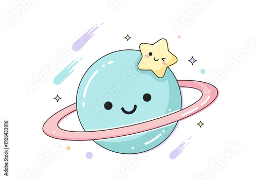 Adorable kawaii planet with smiling face. Cute vector illustration perfect for kids space themes, astronomy, fantasy, dream, or whimsical sticker, poster, and children's designs.