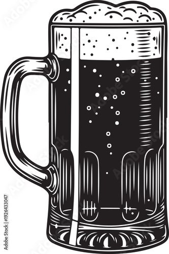Black beer mug with handle and foam glass