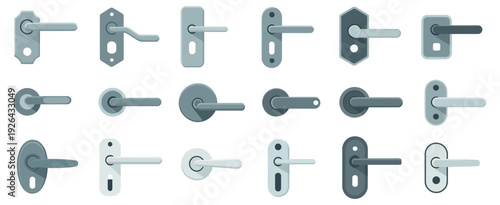 Door Handles Vector Set, Contemporary Metal Hardware Designs, Flat Style Illustration of Interior Fixtures for Modern Home and Office Interiors.