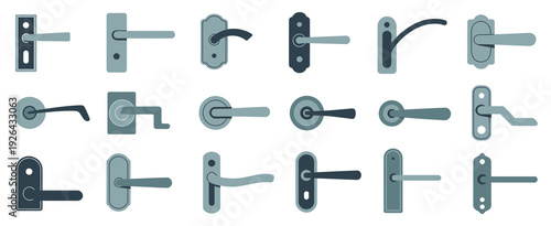 Door Handles Vector Set, Contemporary Metal Hardware Designs, Flat Style Illustration of Interior Fixtures for Modern Home and Office Interiors.