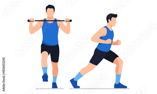 Man exercising, performing single-leg balance with bar and a lunge