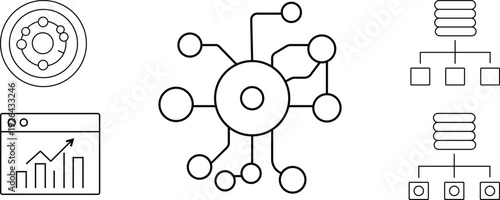 Black and white line art flowchart and graph icons isolated on transparent background