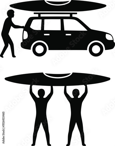 Silhouette of people carrying and placing a surfboard on a car roof rack isolated on transparent background