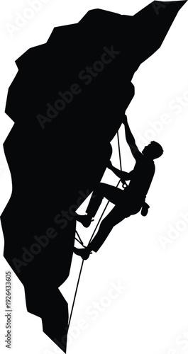 Silhouette of a rock climber isolated on transparent background climbing a steep cliff face