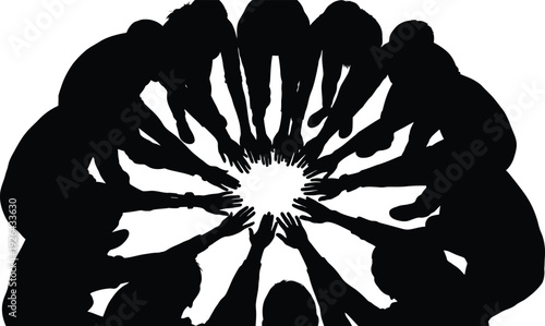 Silhouette of a team of people in a circle, clean white background. Minimalist design, high contrast, no colors other than black and white