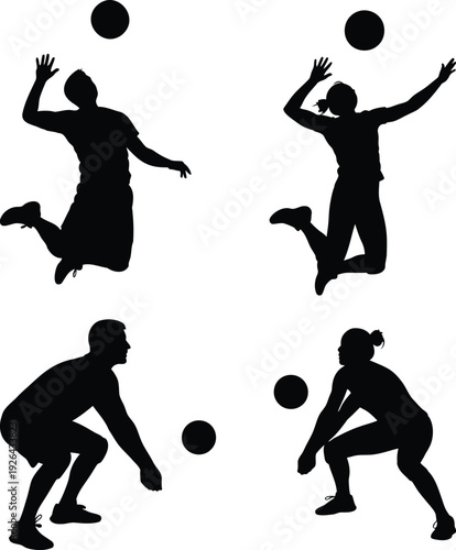 Four volleyball player silhouettes isolated on transparent background