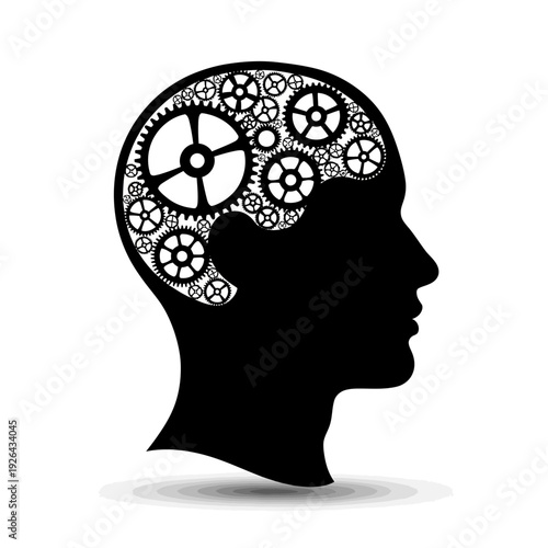 Human head with gears inside brain silhouette
