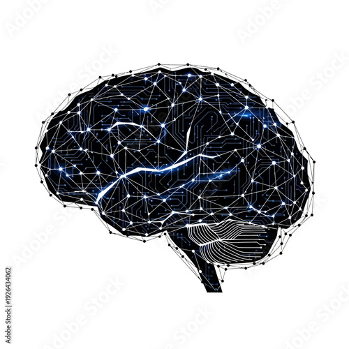 Human brain with glowing blue neural connections and modern network