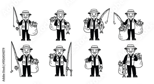 Line art illustration of six smiling fishermen with their catches