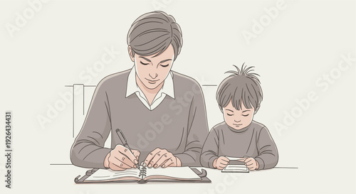 Illustration of a mother writing in a notebook while her child plays with cards, both dressed in grey, creating a quiet, supportive learning atmosphere at the desk.