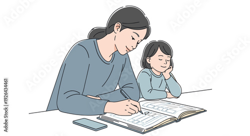 A stylized illustration depicts a mother helping her young daughter with homework, sitting together at a table in a clean, bright scene with a supportive and educational mood.
