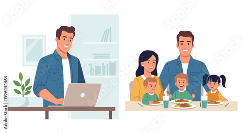 An illustration showing a family balancing work and meal time, depicting a man working on a laptop while the rest of the family eats at the table, conveying modern family life.