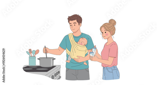 Illustrated image of a father cooking on the stove with a baby in a carrier, while the mother prepares baby bottles in a bright kitchen, highlighting family life and caregiving.