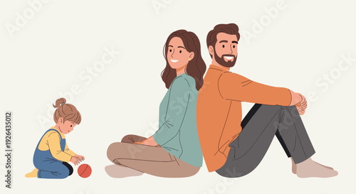 An illustration depicts a happy family, the parents sitting back-to-back while their child plays with a ball in a bright, minimalist style.