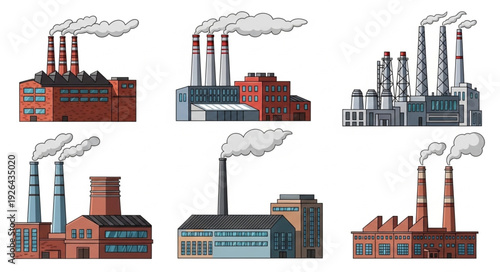 Multiple industrial factories emitting smoke into the atmosphere, causing pollution and environmental damage.