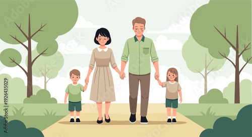Illustration of a family walking hand in hand along a path in a green park setting, showing togetherness and happy family time. Ideal for family values and lifestyle content.