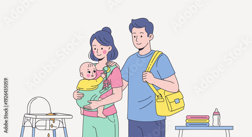 Illustration of a young family with baby in a carrier, with diaper bag, high chair, and baby bottle, depicted in a clean vector style for various family, parenting, and lifestyle themes.