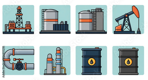 Oil industry icons representing various aspects of petroleum production and storage.