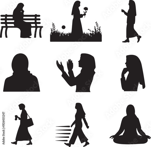 A set of black silhouettes of women in various poses and activities