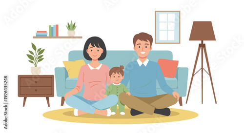 A cartoon style illustration of a family meditating together in their living room, displaying a scene of calm and togetherness, making it suitable for family and lifestyle projects.