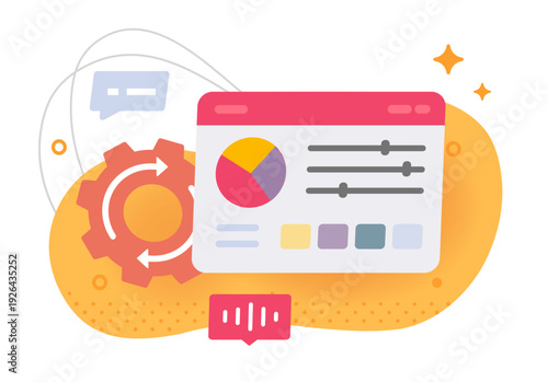 Settings dashboard admin cms icon vector modern, analytics control panel backend cartoon flat illustration design, drawn configuration visualization web interface software system, metrics stats system