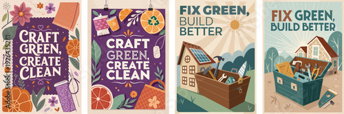 Colorful posters promoting eco-friendly crafting and renovation.