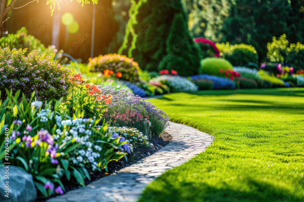 Obraz premium Landscape gardening design with green manicured lawn, green backyard with colorful blooming flower beds.