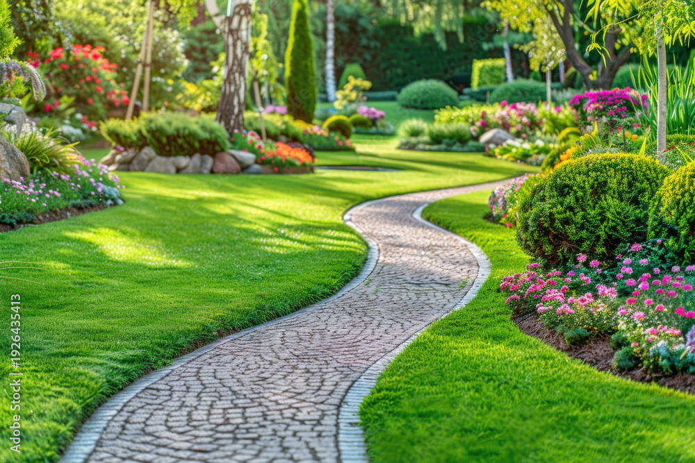 Obraz premium Landscape gardening design with green manicured lawn, green backyard with colorful blooming flower beds.