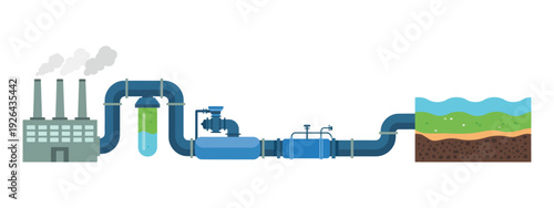 Industrial Gas Pipeline Vector Illustration, Flat Design of Factory Infrastructure, Pressure Control Units, and Underground Storage Process for Energy and Gas Supply Systems.