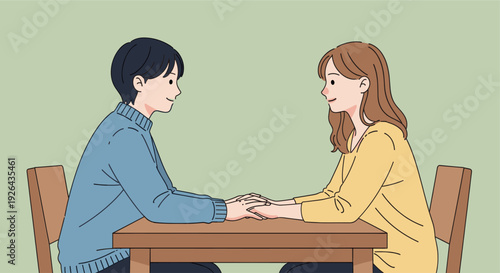 A stylized illustration shows a young couple holding hands across a wooden table, their profiles facing each other with expressions of warmth and connection.