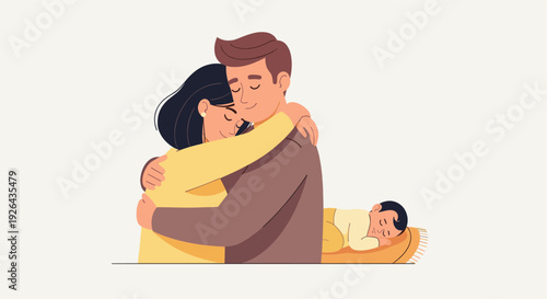 A cartoon-style illustration of a hugging couple near their sleeping baby on a pillow; symbolizing family love, new parents, and the joys of parenthood.