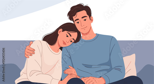 An illustration of a young couple embracing on a sofa, expressing love and affection in a domestic setting, perfect for themes of relationships, intimacy and modern lifestyle.