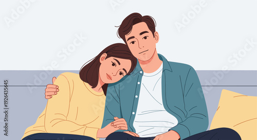 Illustration of a young couple embracing on a sofa, showing love and support; the woman rests her head on the man's shoulder with a gentle, comforting mood.