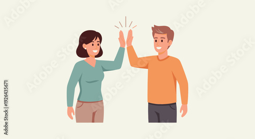 Two colleagues, a woman and a man, high five each other in a vector illustration, symbolizing success, teamwork, and celebration in a bright and modern design.