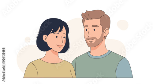 A modern, simple illustration of a smiling couple, a man and a woman, standing closely together against a plain white background, showcasing a sense of connection and warmth.