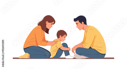 Cartoon illustration of parents consoling their crying son. Mom puts her hand on his shoulder, dad looks at him with concern, all seated on the floor.